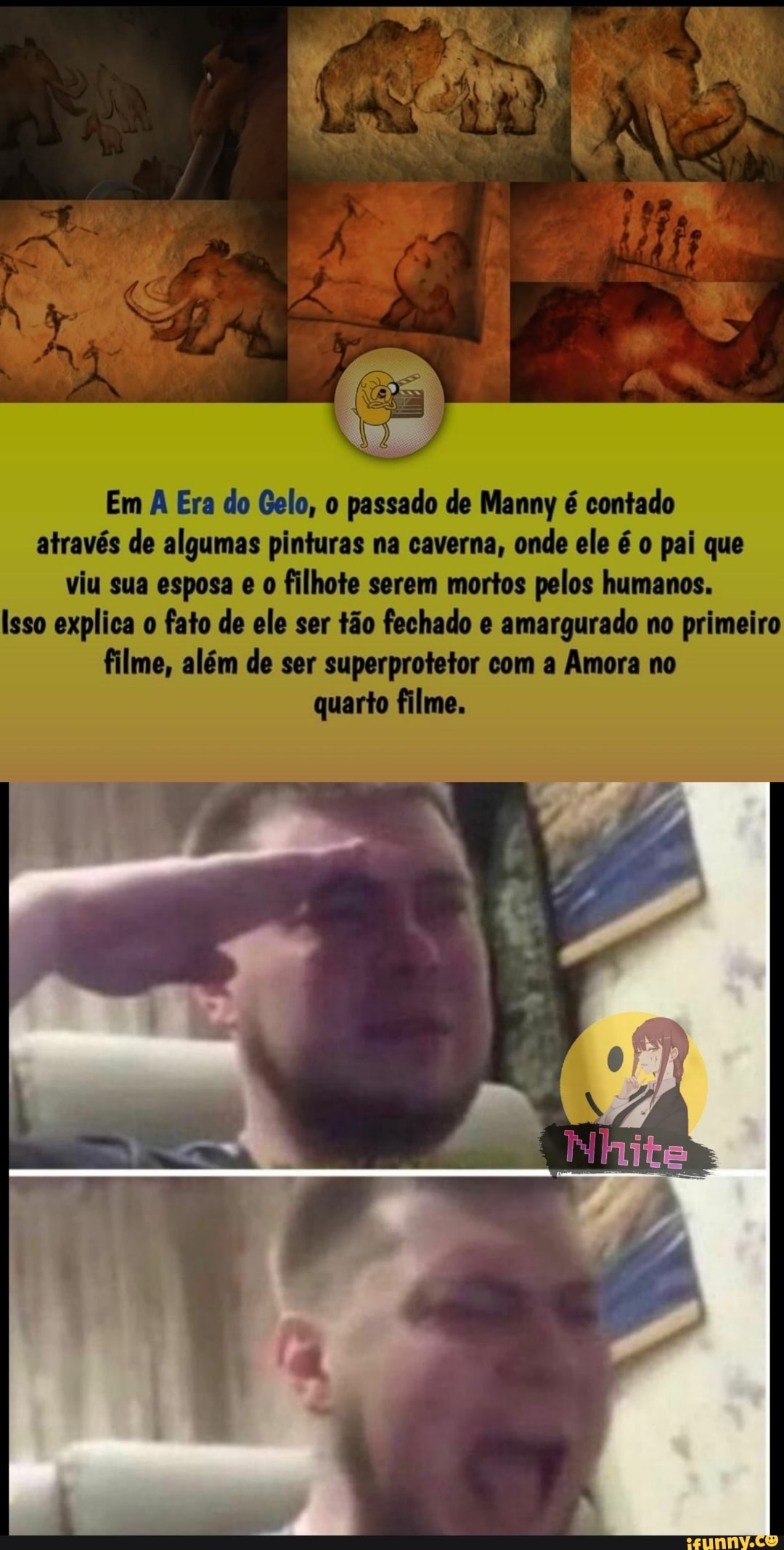 Em A Era do Gelo, o passado de Manny é contado através de algumas pinturas na caverna, onde ele é o pai que viu sua esposa e filhote serem mortos pelos humanos.
Isso explica o fato de ele ser tão fechado e amargurado no primeiro filme, além de ser superprotetor com a Amora no quarto filme.