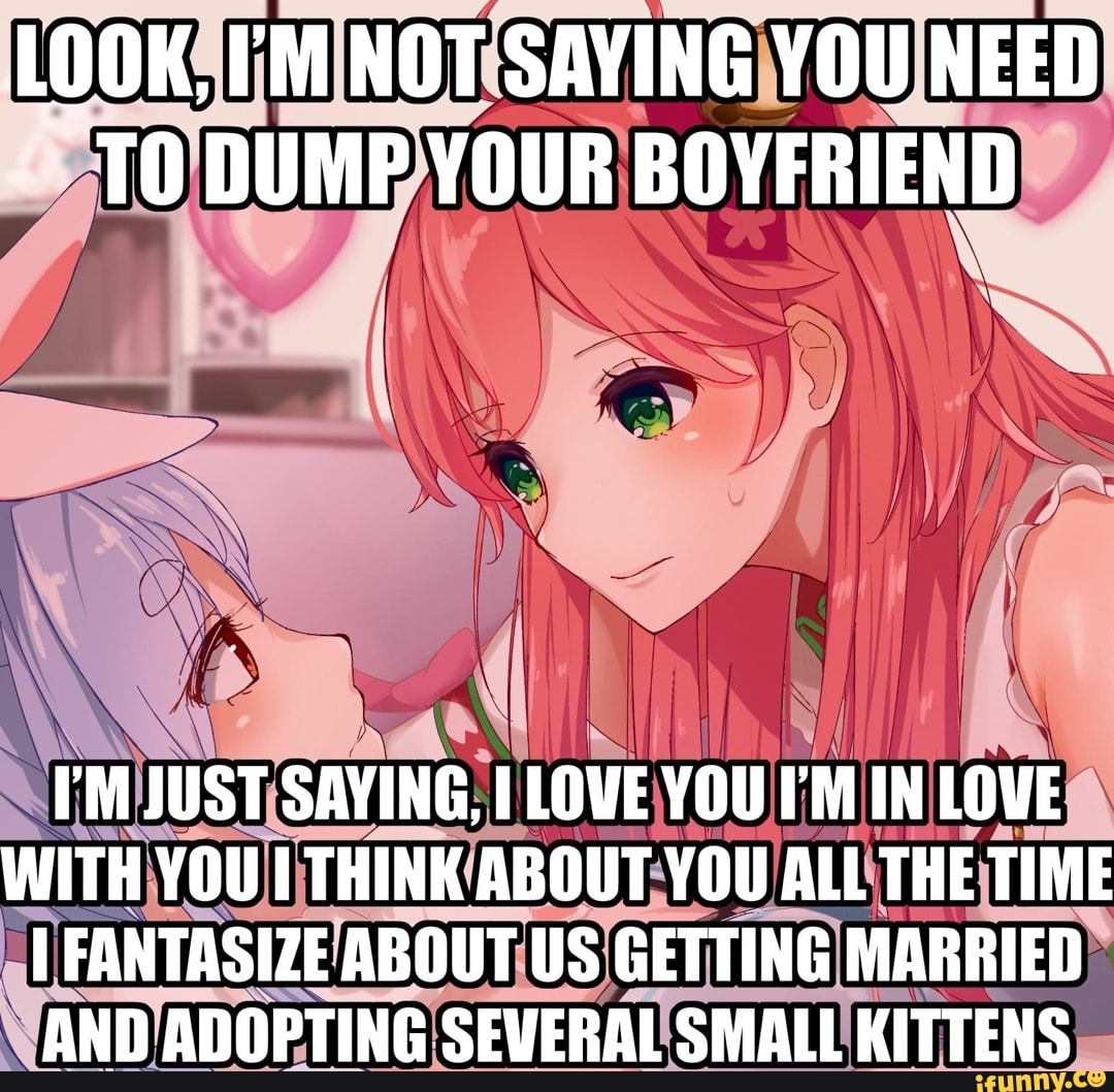 LOOK, 'M NOT SAYING YOU NEED TO DUMP YOUR BOYFRIEND
I'M JUST SAYING, I LOVE YOU I'M IN LOWE WITH YOU THINK ABOUT YOU ALL THE TIME FANTASIZE ABOUT US GETTING MARRIED WAND AND ADOPTING SEVERAL SMALL KITTENS