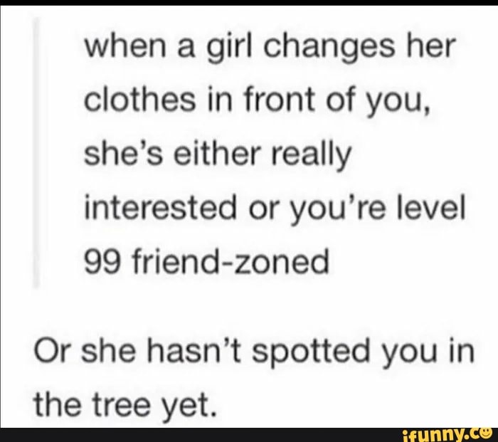 when a girl changes her
clothes in front of you,
she's either really
interested or you're level
99 friend-zoned
Or she hasn't spotted you in
the tree yet.