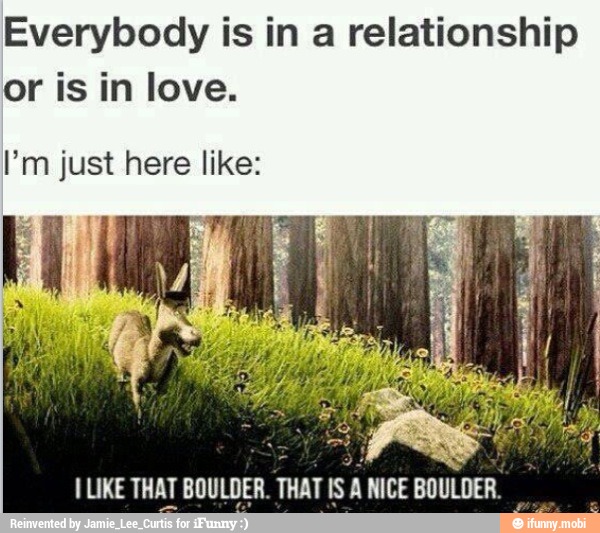 Everybody is in a relationship
or is in love.
I'm just here like:
y
ILIKE THAT BOULDER. THAT IS A NICE BOULDER.
I