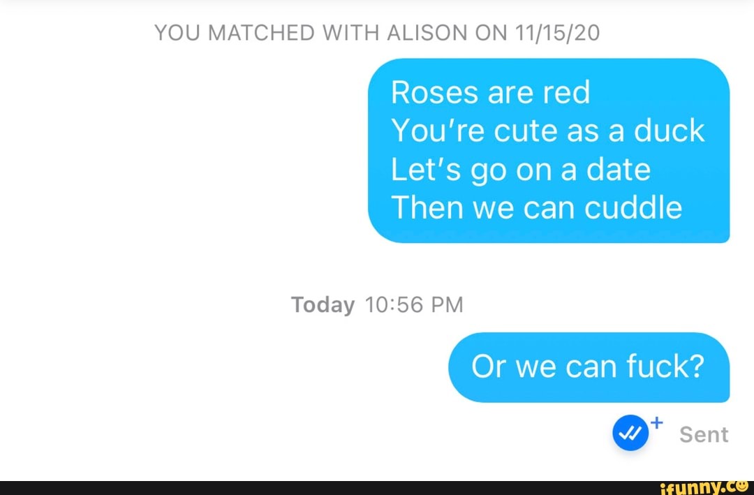 YOU MATCHED WITH ALISON ON Roses are red You're cute as a duck Let's go