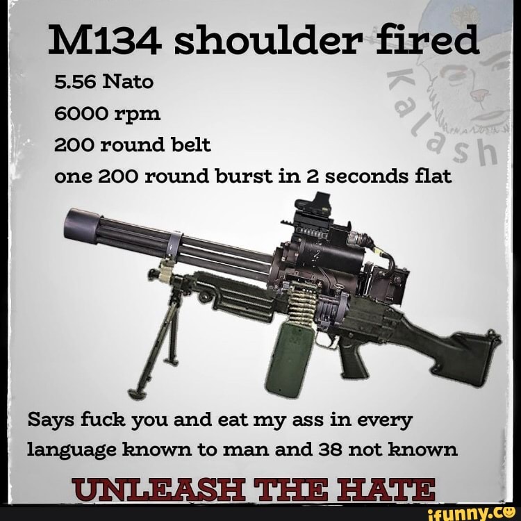 Mi34 shoulder fired
5.56 Nato
one 200 round burst in 2 seconds flat
Says fuck you and eat my ass in every
language known to man and 38 not known
UNLEASH THE HATE