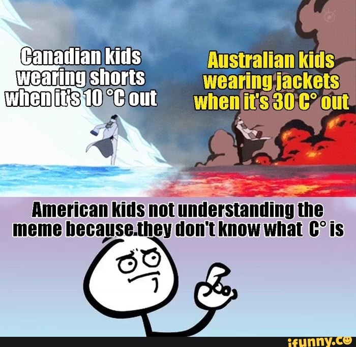 Canadian ids 7 Australian kids
wearing jackets
when its}30\Czout
American Kids not
Tec the
meme PENE they don't know what C?is