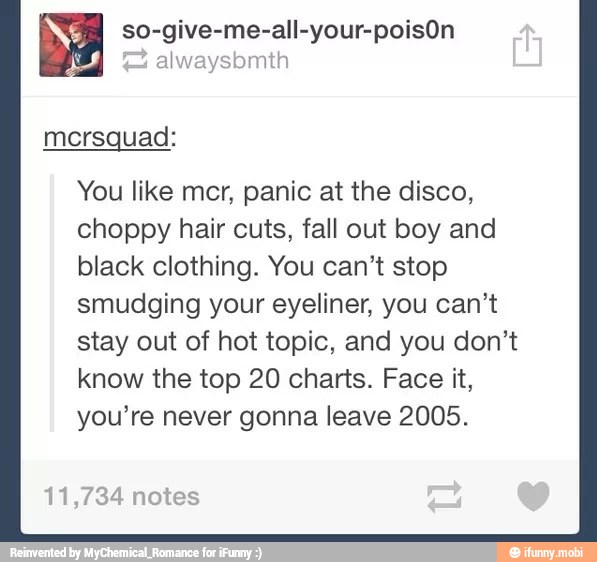 so-give-me-all-your-poisOn
mersquad:
You like mcr, panic at the disco,
choppy hair cuts, fall out boy and
black clothing. You can't stop
smudging your eyeliner, you can't
stay out of hot topic, and you don't
know the top 20 charts. Face it,
you're never gonna leave 2005.