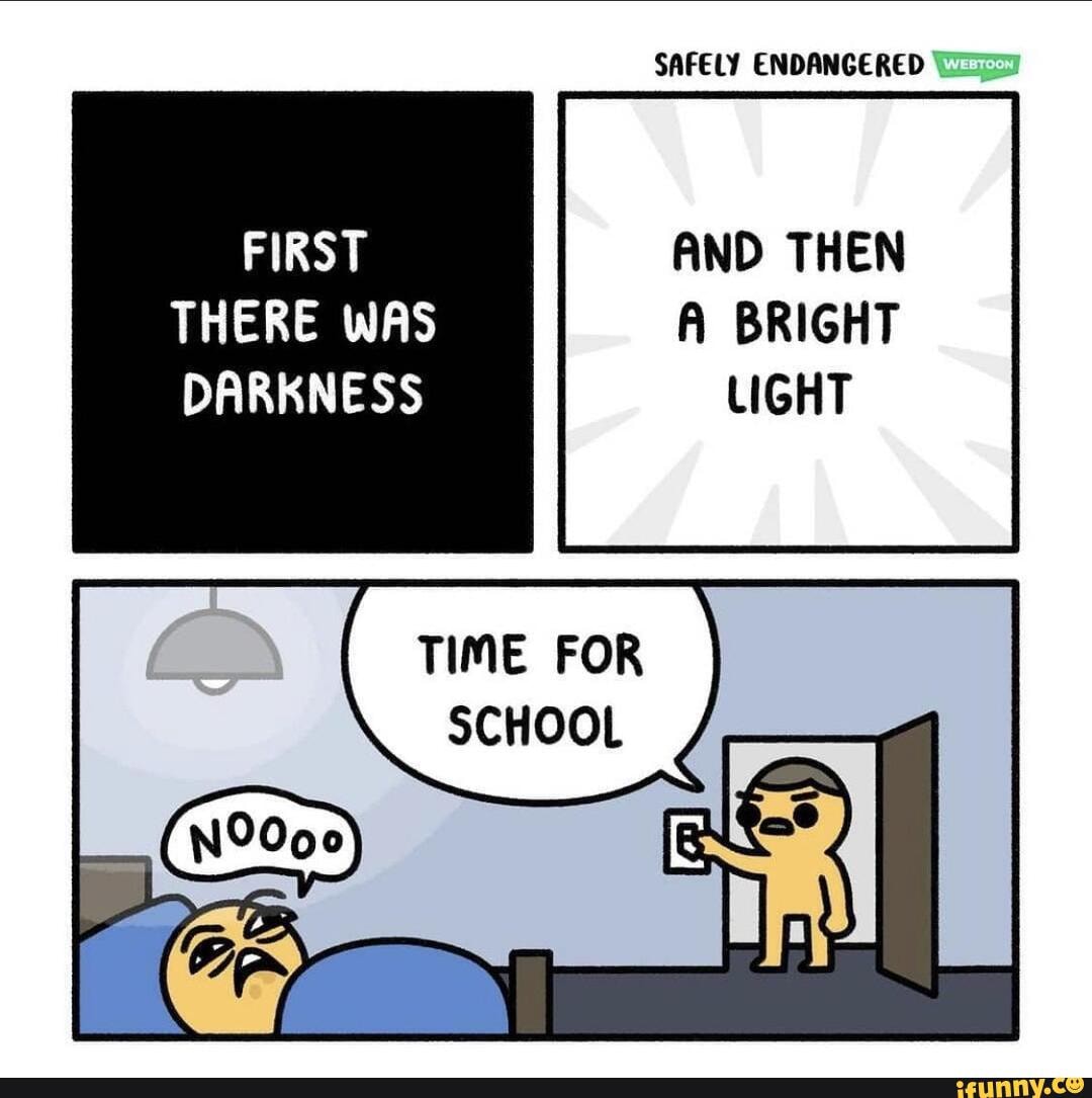 SAFELY ENDANGERED
FIRST
THERE WAS
DARKNESS
AND THEN A BRIGHT LIGHT
TIME FOR SCHOOL