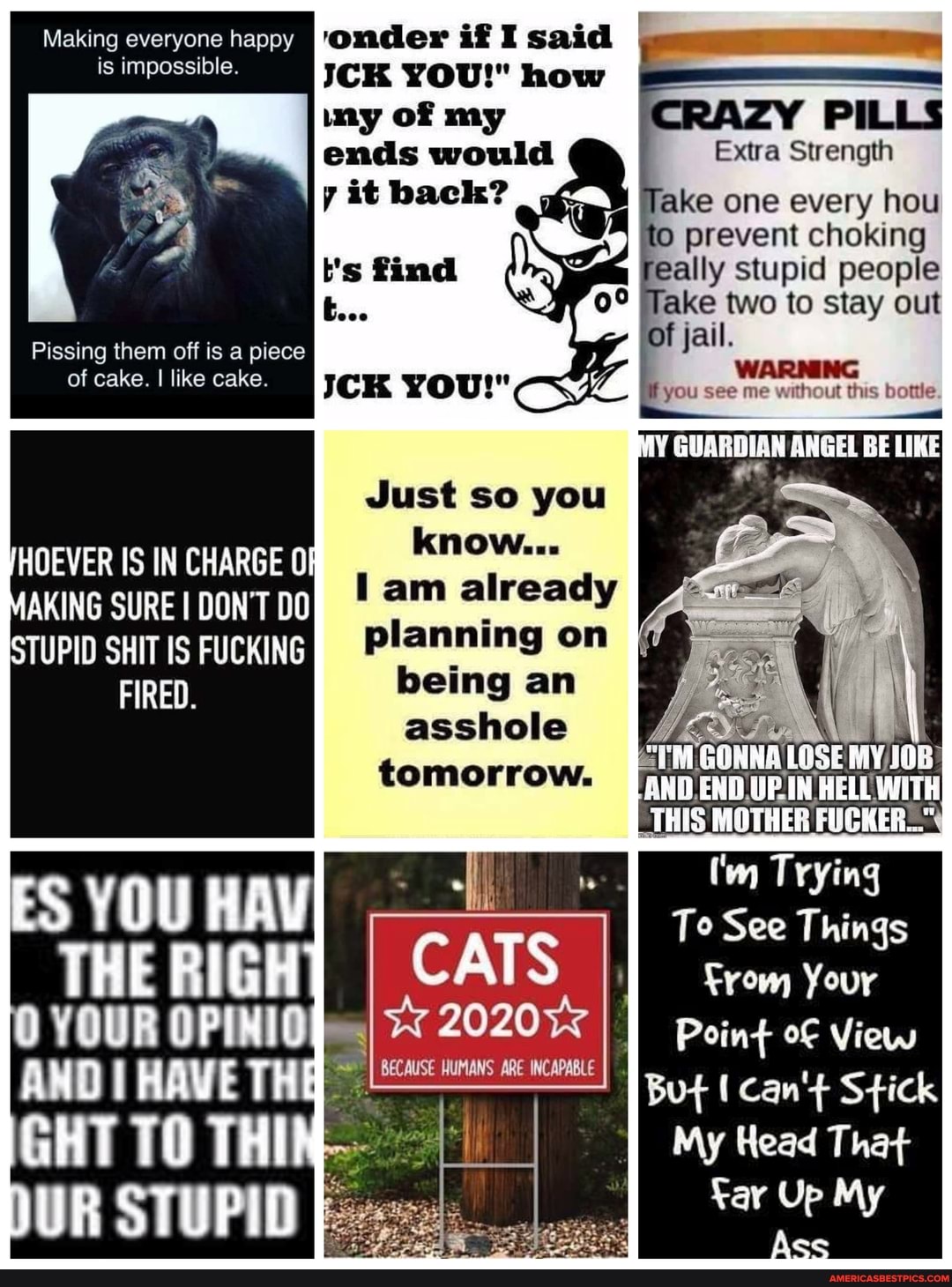 Making everyone happy is impossible.
Pissing them off is a piece of cake. I I like cake.
HOEVER IS IN CHARGE Of
AKING SuRE DONT
STUPID SHIT IS FUCKING
FIRED
UR
onder if I said I
ICK YOU!" how my of my ends would
y it back?
I's find
ICK YOU!"
Just so you know...
am already
planning on being an asshole tomorrow.
CATS
ARE
PILLS Extra Strength ake one every hou to prevent choking eally stupid people
Take two to stay out f jail.
WARNING you see me without this bottle.
NNA LOSE MY,JOB
MOTHER FUCKER_"
I'm Trying
To See Things
Your
Point of View
But can't Stick
My Head That
Up My
Ass