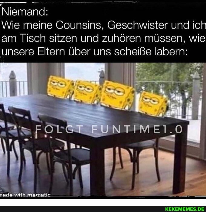 Niemand:
Wie meine Counsins, Geschwister und ich am Tisch sitzen und zuhören müssen, wie unsere Eltern über uns scheiße labern:
Am_
with