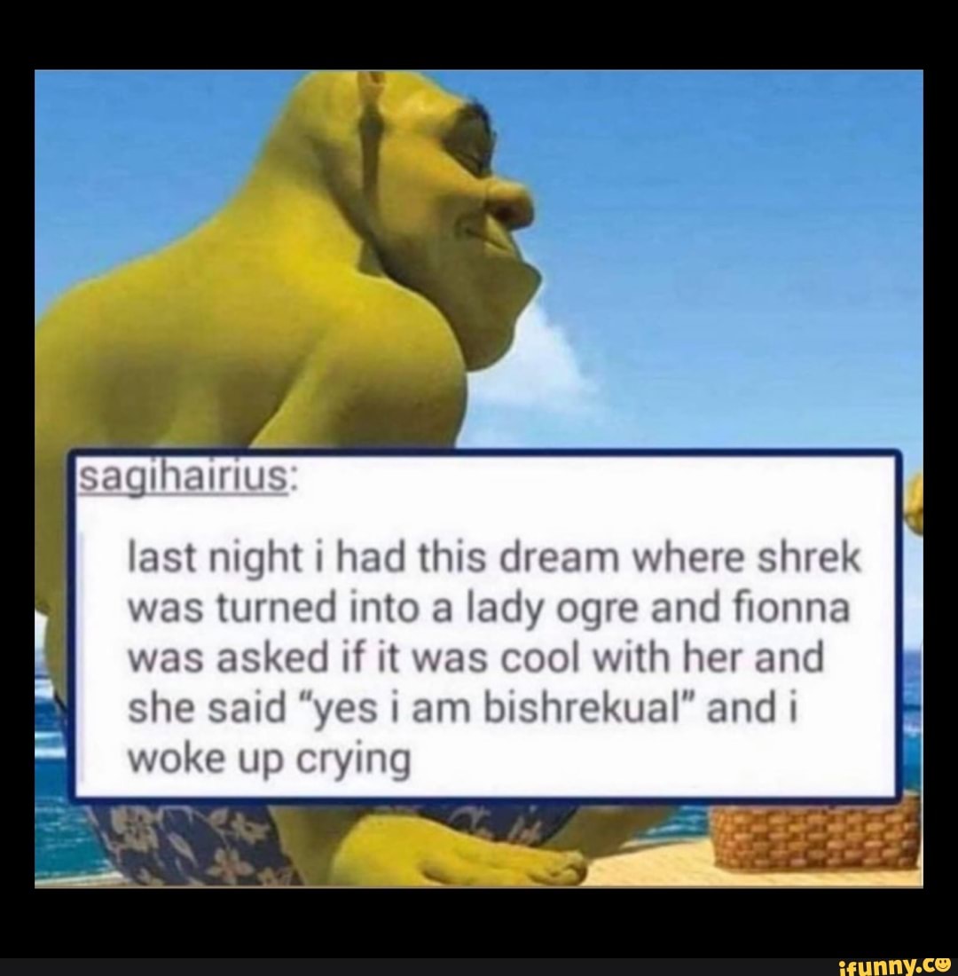 saginairiu
last night i had this dream where shrek was turned into a lady ogre and fionna was asked if it was cool with her and she said "yes I am bishrekual" and I woke up crying