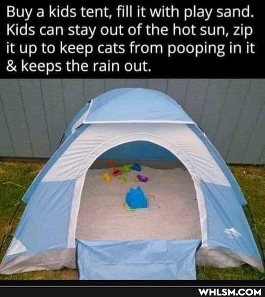 Buy a kids tent, fill it with play sand.
Kids can stay out of the hot sun, zip it up to keep cats from pooping in it
& keeps the rain out.
