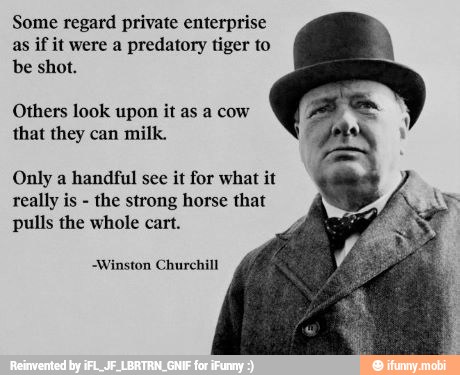 Some regard private enterprise
as if it were a predatory tiger to
be shot.
Others look upon it as a cow
that they can milk.
Only a handful see it for what it
really is
the strong horse that
pulls the whole cart.
Winston Churchill