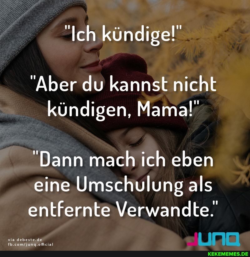 "Ich kündige!"
"Aber du kannst nicht kündigen, Mama!"
"Dann mach ich eben eine Umschulung als entfernte Verwandte.
via debeste.de