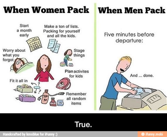 When Women Pack When Men Pack
departure:
Worry about
Stage
what you things
forgot Es x
A - True.