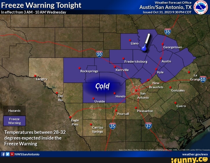 Freeze Warning Tonight Ineffect from 10 AM Wednesday Hazards Freeze