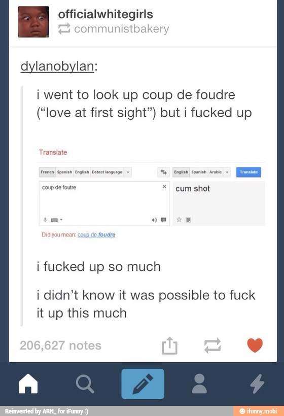 [I officialwhitegirls
communistbakery
dylanobylan:
i went to look up coup de foudre
("love at first sight") but i fucked up
Translate
i didn't know it was possible to fuck
it up this much