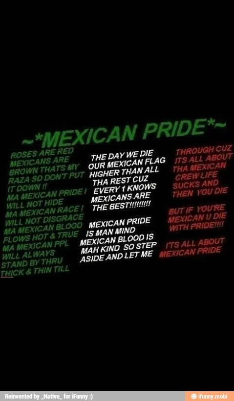 MEXICAN. PRIDE
1S MAN MIND
MEXICAN BLOOD IS
MAH KIND SO STEP
ASIDE AND LET ME