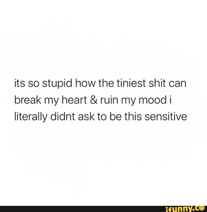 its so stupid how the tiniest shit can break my heart & ruin my mood literally didnt ask to be this sensitive