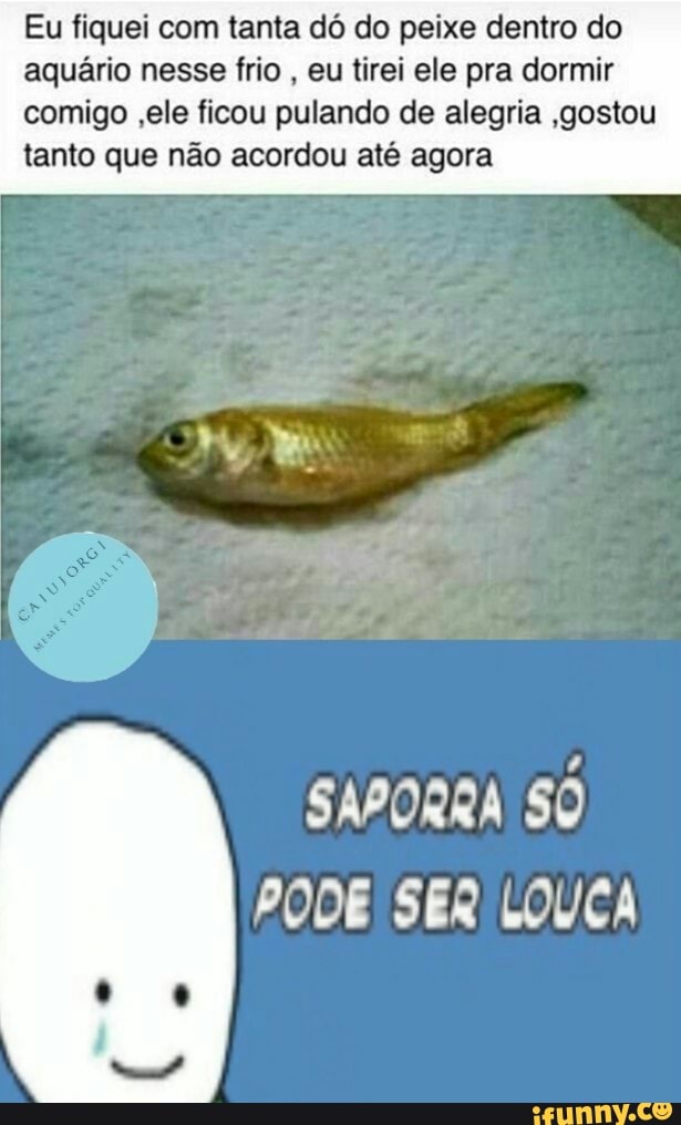 Eu fiquei com tanta dó do peixe dentro do
aquário nesse frio
eu tirei ele pra dormir
comigo ,ele ficou pulando de alegria ,gostou
tanto que não acordou até agora
SAPORRA SO
PODE SER LOUCA