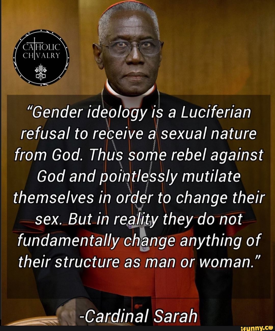 CAJHOLIC
CHIVALRY
"Gender ideology is a Luciferian refusal to receive a sexual nature from God. Thus some rebel against
God and pointlessly mutilate themselves in order to change their sex. But in reality they do not fundamentally change anything of their structure as man or woman."
-Cardinal Sarah