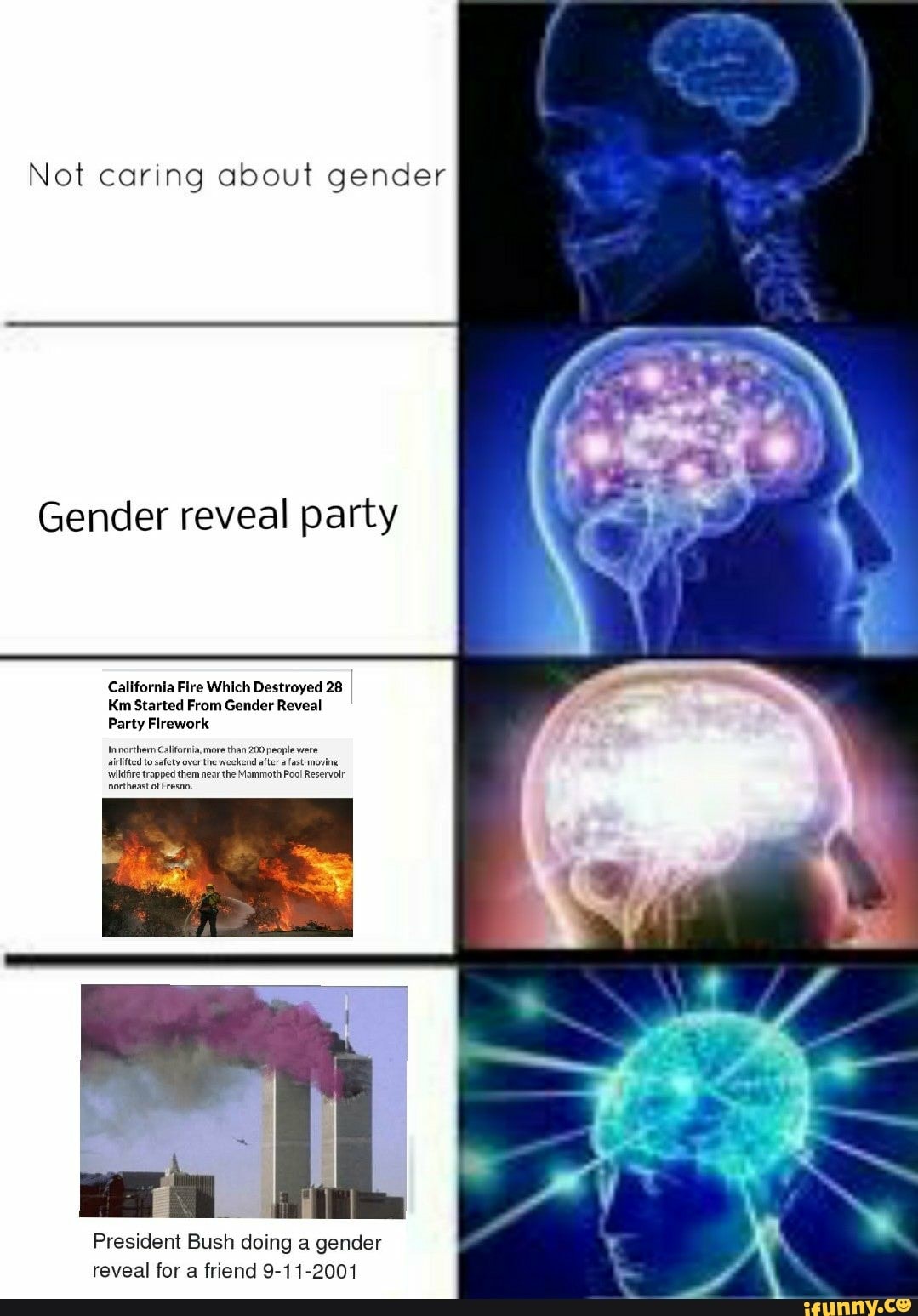 Not caring about gender
Gender reveal party
Callfornia Fire Which Destroyed 28
Km Started From Gender Reveal
Party Firework
airlifted 'over the weekend after a fast moving near the Mammoth Poo! Reservolr
President Bush doing a gender reveal for a friend 9-11-2001