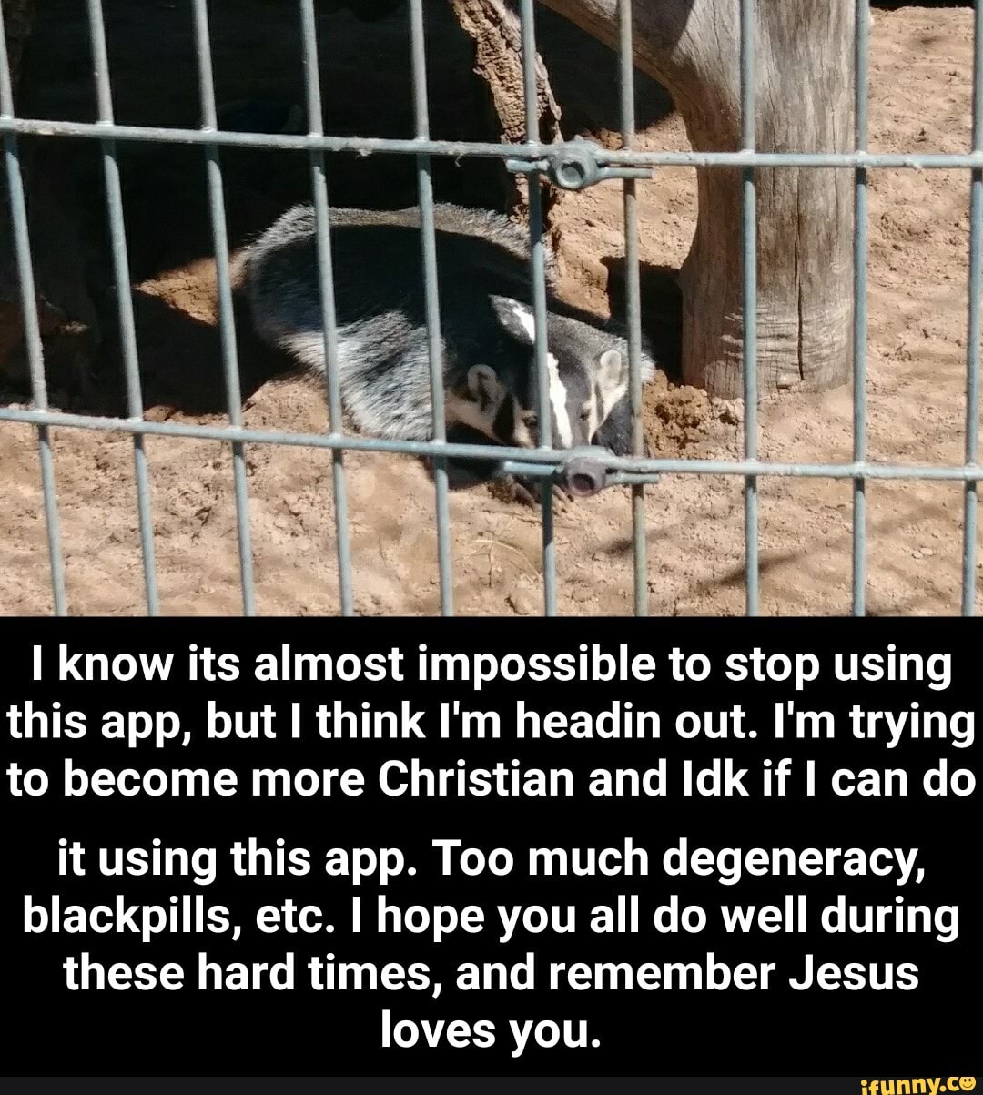 I
I know its almost impossible to stop using
this app, but I think I'm headin out. I'm trying
to become more Christian and Idk if I can do
it using this app. Too much degeneracy,
blackpills, etc. I hope you all do well during
these hard times, and remember Jesus
loves you. - it using this app. Too much degeneracy, blackpills, etc. I hope you all do well during these hard times, and remember Jesus loves you.