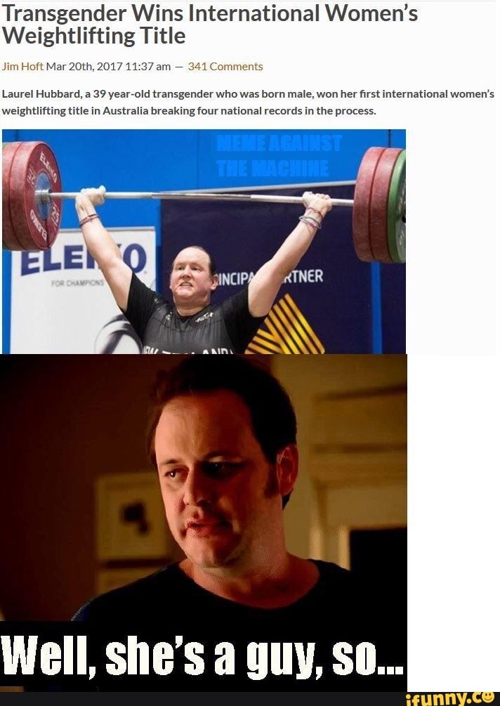 Transgender Wins International Women’s
Weightlifting Title
Laurel Hubbard. a 39yearrold uansgende. who was born male. won her first international women‘s
weightliftingmle in Australia hreakingfour national records in me process.
WB", SIIB'S a guy, SII...
