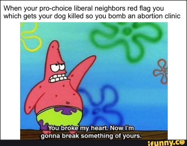 When your pro-choice liberal neighbors red flag you
which gets your dog killed so you bomb an abortion clinic
You broke' my heart: Now I'm'
gonna break something of yours.