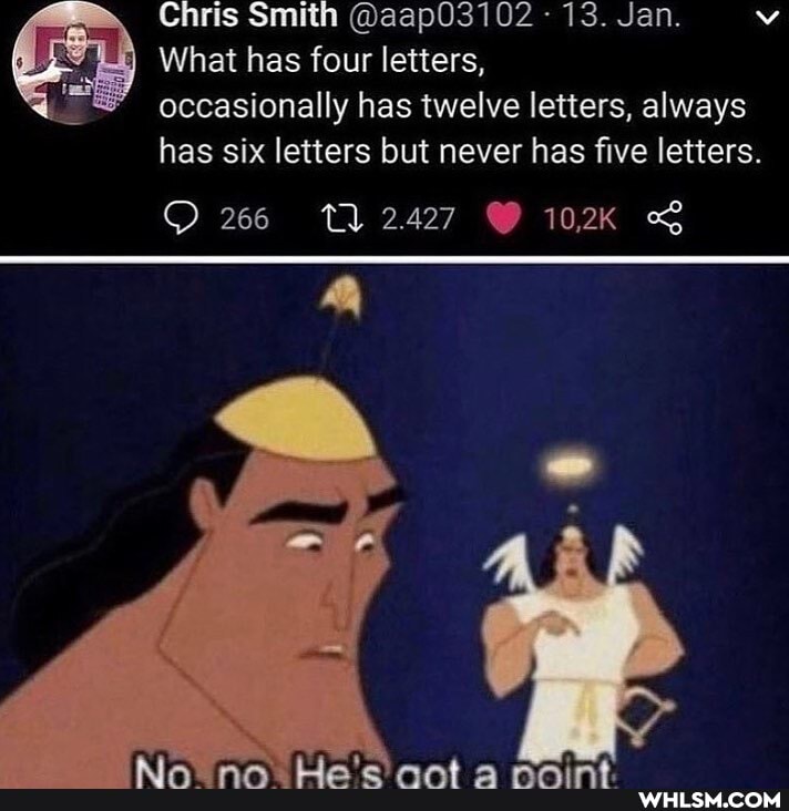 Chris Smith @aap03102 13. Jan.
What has four letters,
occasionally has twelve letters, always has six letters but never has five letters.
266 2.427 102K