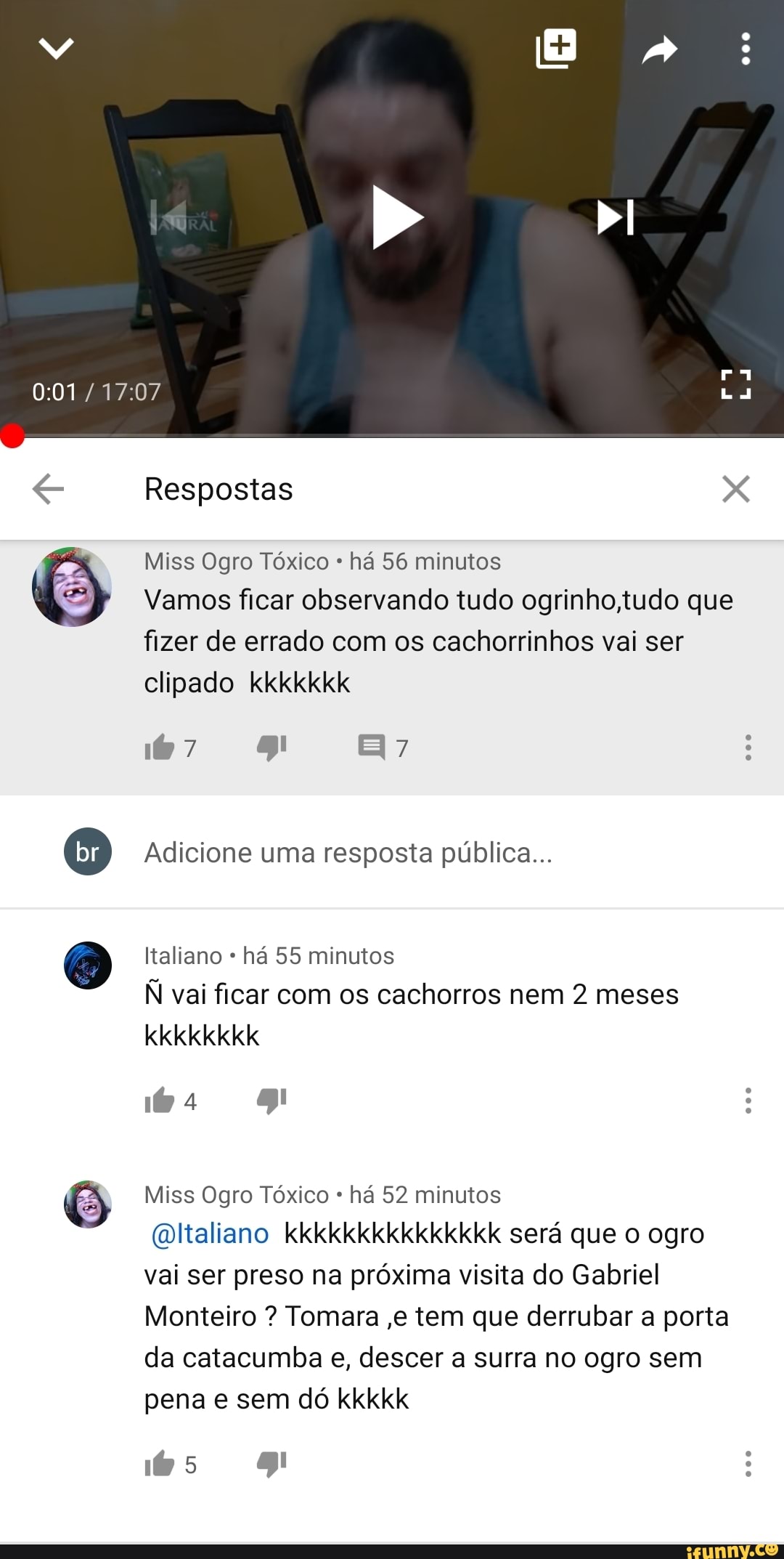 Respostas X
Miss Ogro Tóxico há 56 minutos
Vamos ficar observando tudo ogrinho,tudo que fizer de errado com os cachorrinhos vai ser clipado kkkkkkk
Adicione uma resposta pública...
Italiano há 55 minutos
N vai ficar com os cachorros nem 2 meses kkkkkkkk
Miss Ogro Tóxico há 52 minutos
(mltaliano kkkkkkkkkkkkkkk será que o ogro vai ser preso na próxima visita do Gabriel
Monteiro ? Tomara ,e tem que derrubar a porta da catacumba e, descer a surra no ogro sem pena e sem dó kkkkk