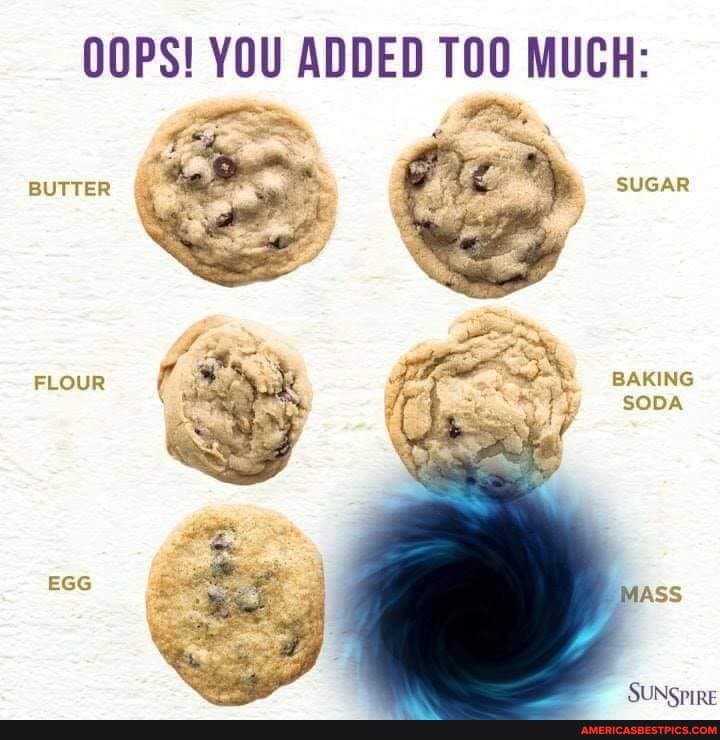 OOPS! YOU ADDED TOO MUCH:
BUTTER SUGAR BAKING
EGG
SODA
MASS