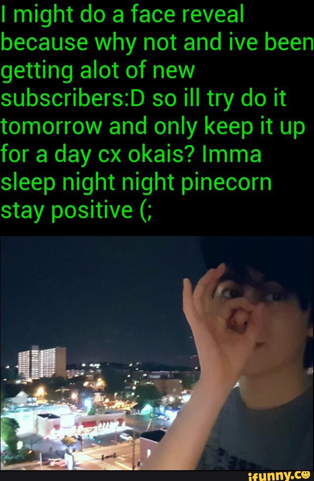I might do a face reveal
because why not and ive been
getting alot of new
subscribers:D so ill try do it
tomorrow and only keep it up
for a day cx okais? Imma
sleep night night pinecorn
positive (;