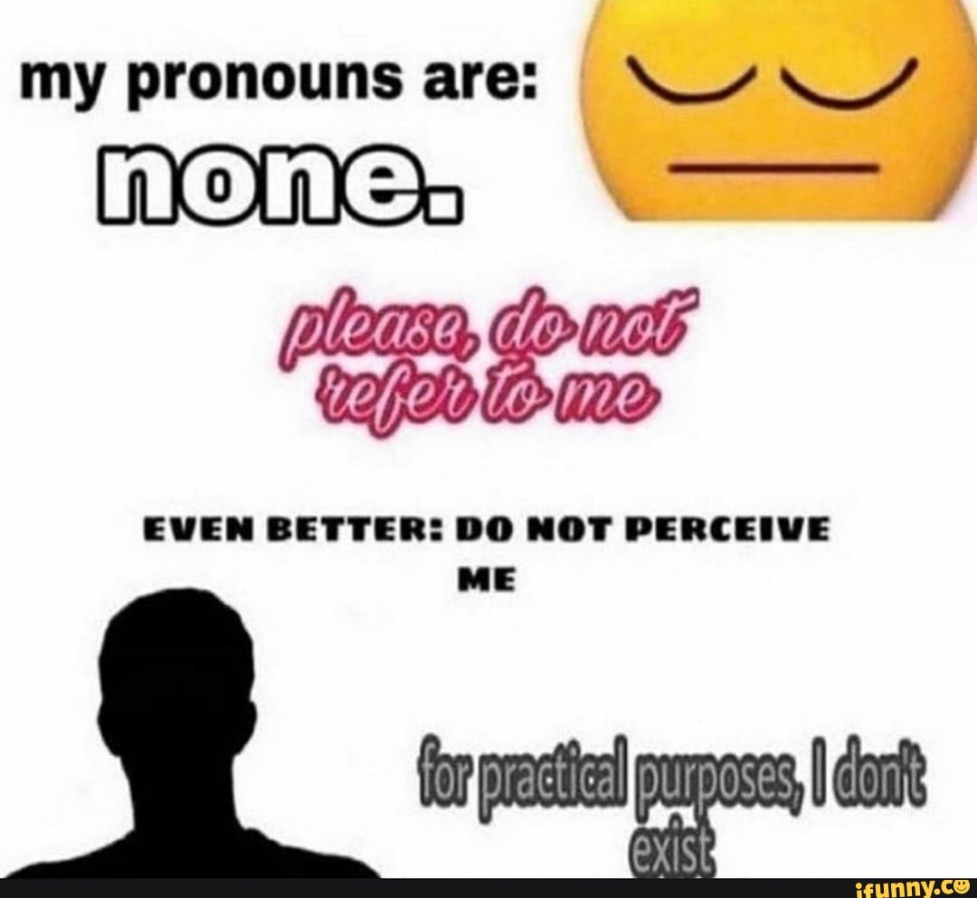 my pronouns are:
none:
EVEN BETTER: DO NOT PERCEIVE
call