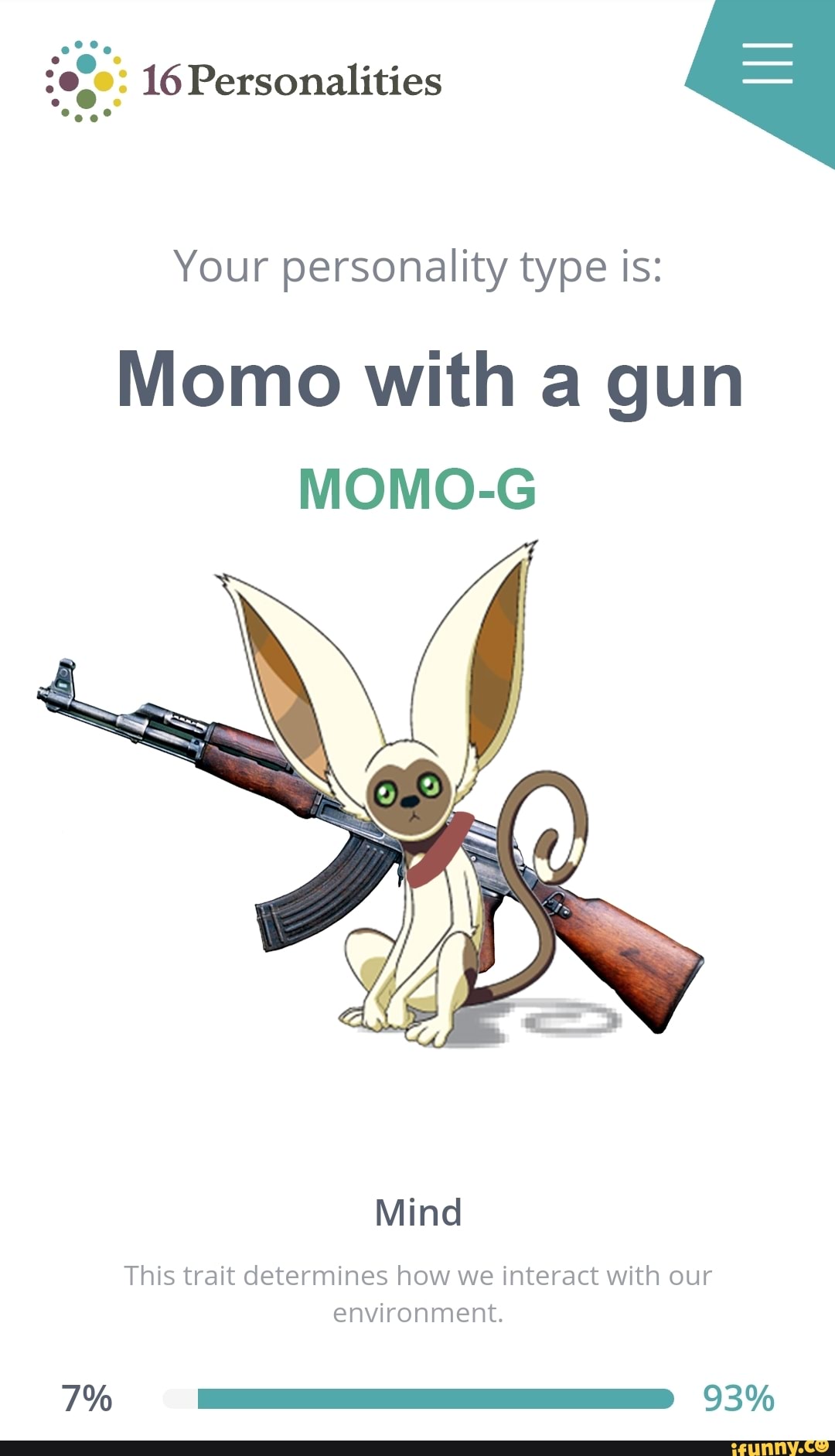 16 Personalities Your personality type is: Momo with a gun MOMO-G Mind