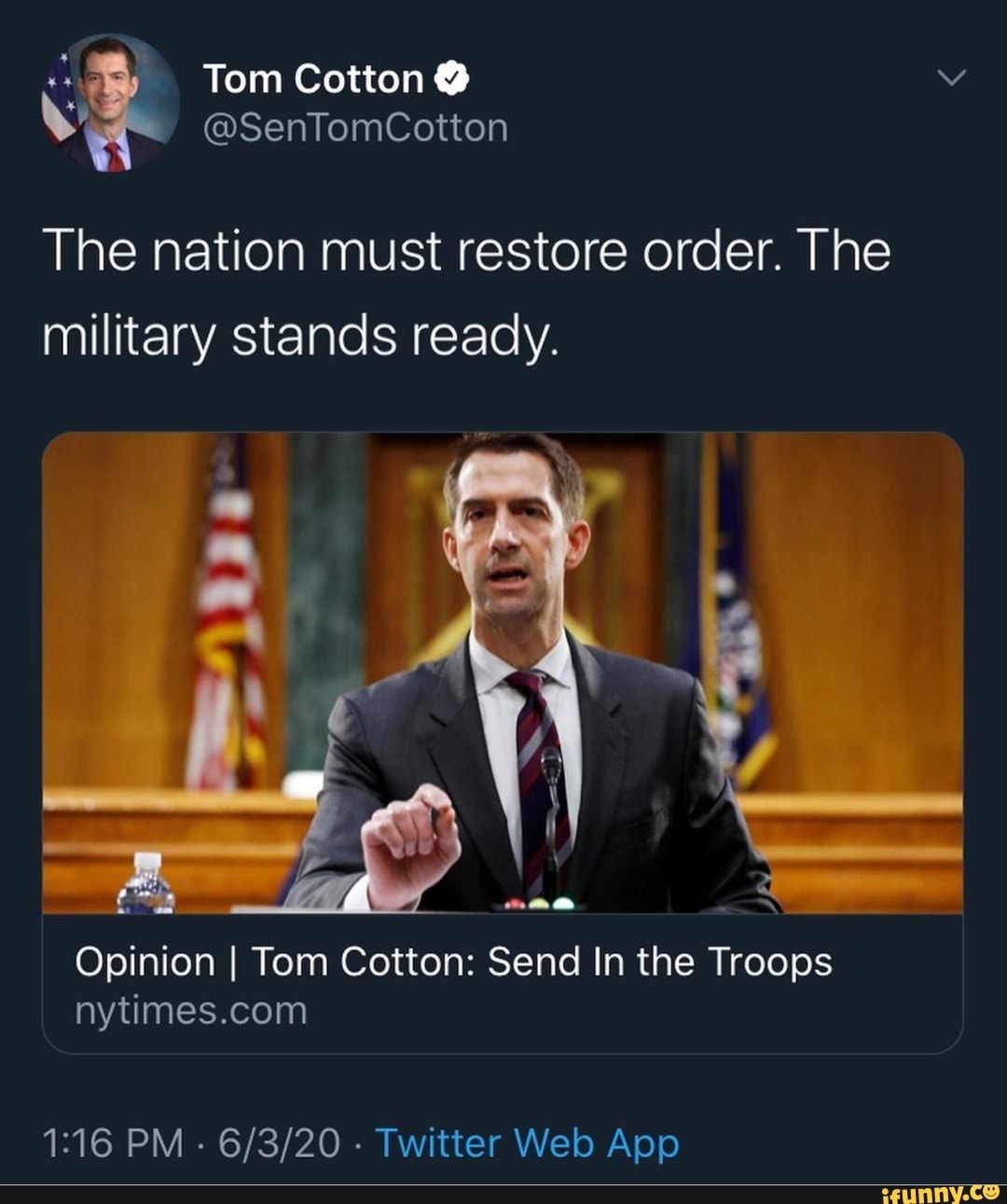 The nation must restore order. The
military stands ready.
Opinion I Tom Cotton: Send In the Troops
nytimes.com
1:16 PM
Twitter Web App