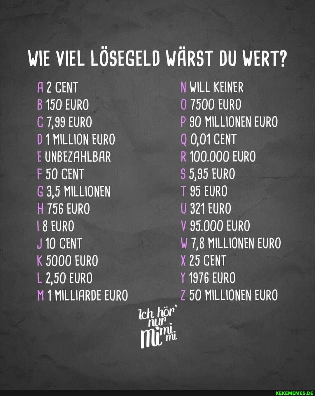 WIE VIEL LÖSEGELD WÄRST DU WERT?
CENT
190 EURO
7,99 EURO
MILLION EURO UNBEZAHLBAR GENT
3,5 MILLIONEN
756 EURO
8 EURO
10 GENT
3000 EURO
2,50 EURO
MILLIARDE EURO
WILL KEINER
7500 EURO
90 MILLIONEN EURO GENT
100.000 EURO
9,99 EURO
95 EURO
321 EURO
95.000 EURO
7,8 MILLIONEN EURO
25 GENT
1976 EURO
90 MILLIONEN EURO