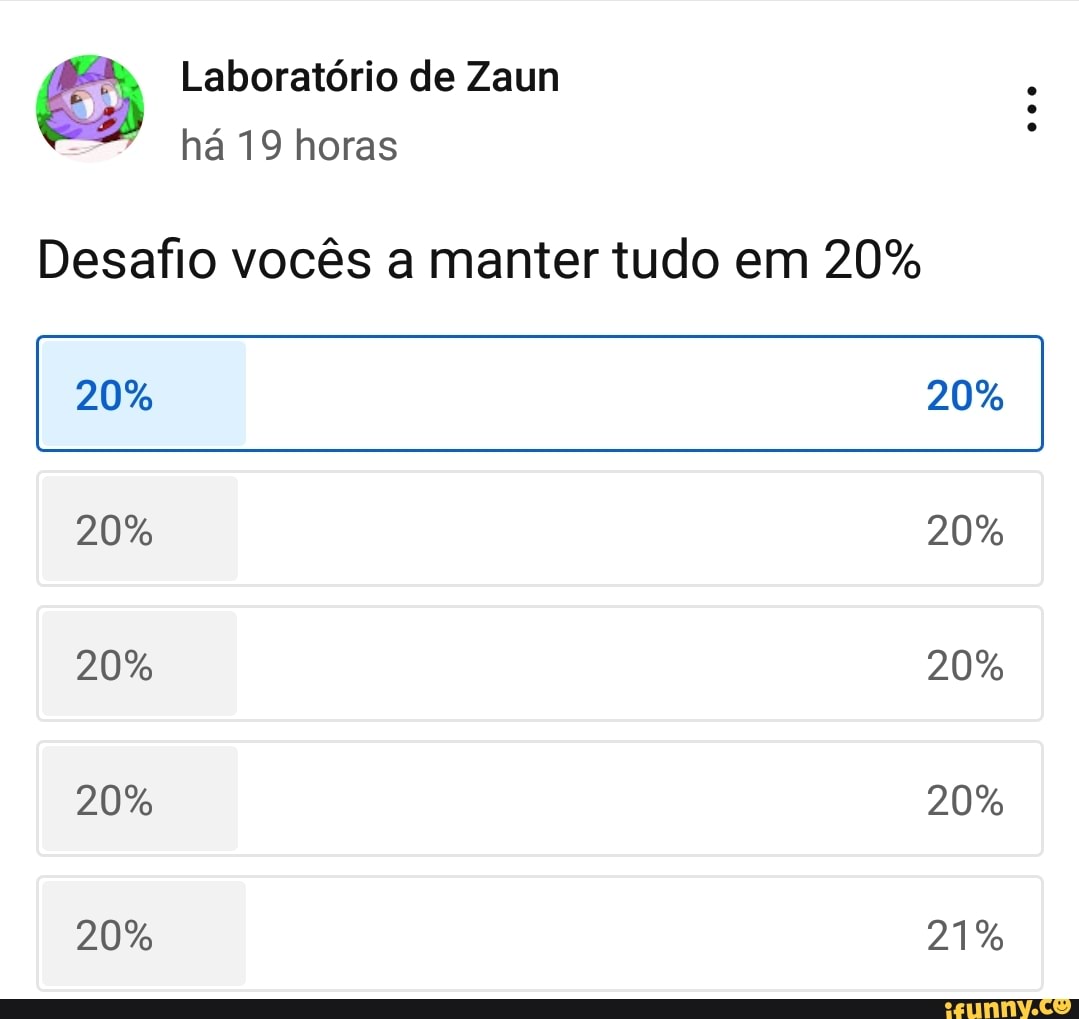 Laboratório de Zaun há 19 horas
Desafio vocês a manter tudo em 20%
20% 20%
20% 20%
20% 20%
20% 20%
20% 21%