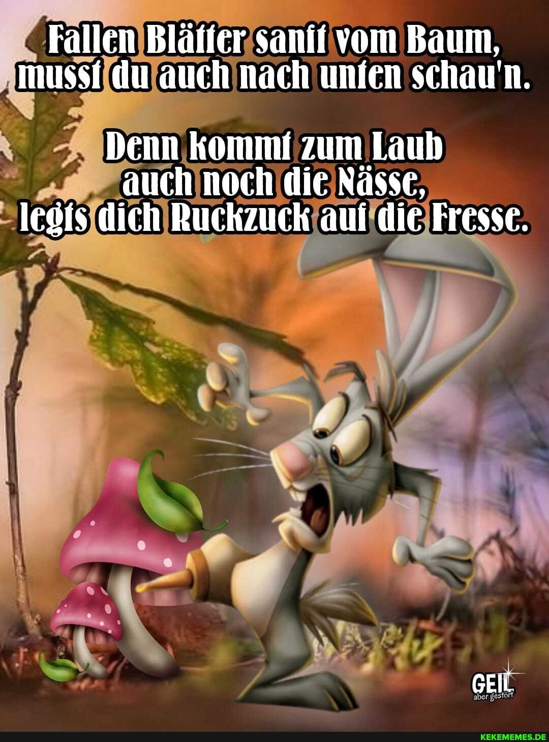 Fallen Bläller sanit vom Baum, mussi du auch nach unfen schau'n.
Denn kommi zum Laub
auch noch die Nässe, lesis dich Ruckzuck aui die Fresse.
GEN,