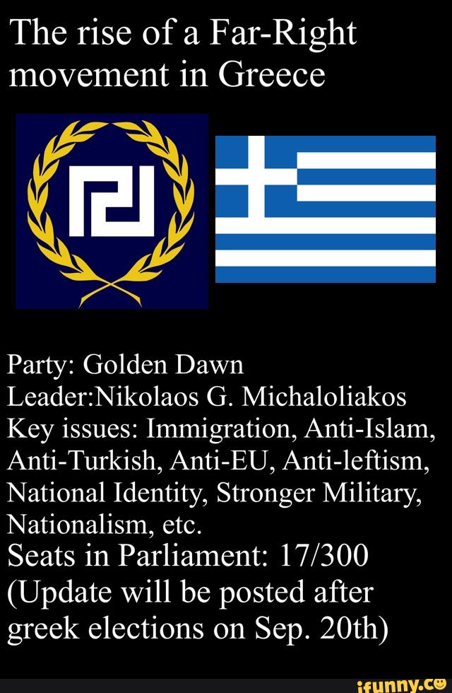 The rise of a
Far-Right
movement in Greece
Party: Golden Dawn
Leadeerikolaos G. Michaloliakos
Key issues: Immigration, Anti-Islam,
Anti-Turkish, Anti-EU, Anti-Ieftism,
National Identity, Stronger Military,
Nationalism, etc.
Seats in Parliament: 17/300
(Update will be posted after
greek elections on Sep. 20th)