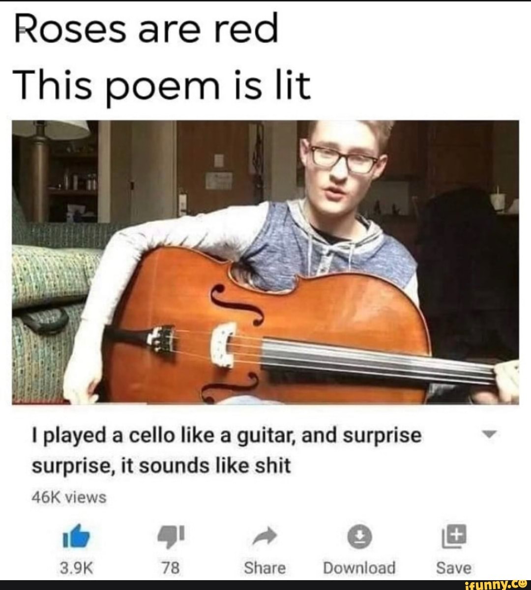 Roses are red
This poem is lit
I played a cello like a guitar, and surprise surprise, it sounds like shit views
3.9K 78 Share Download Save