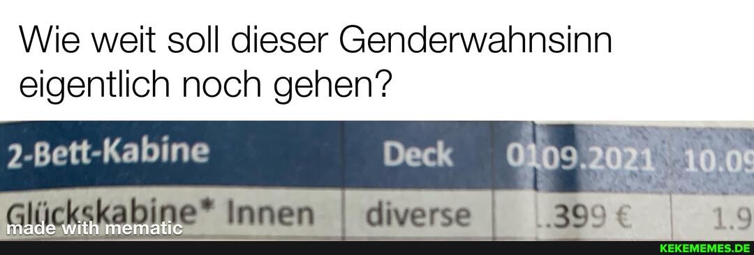Wie weit soll dieser Genderwahnsinn eigentlich noch genen?
Glüickskabine* Innen I diverse I 13
7.Bett-Kabine