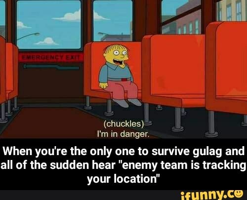 I'm in danger.
When you're the only one to survive gulag and
all of the sudden hear "enemy team is tracking
your location" - When you're the only one to survive gulag and all of the sudden hear "enemy team is tracking your location"