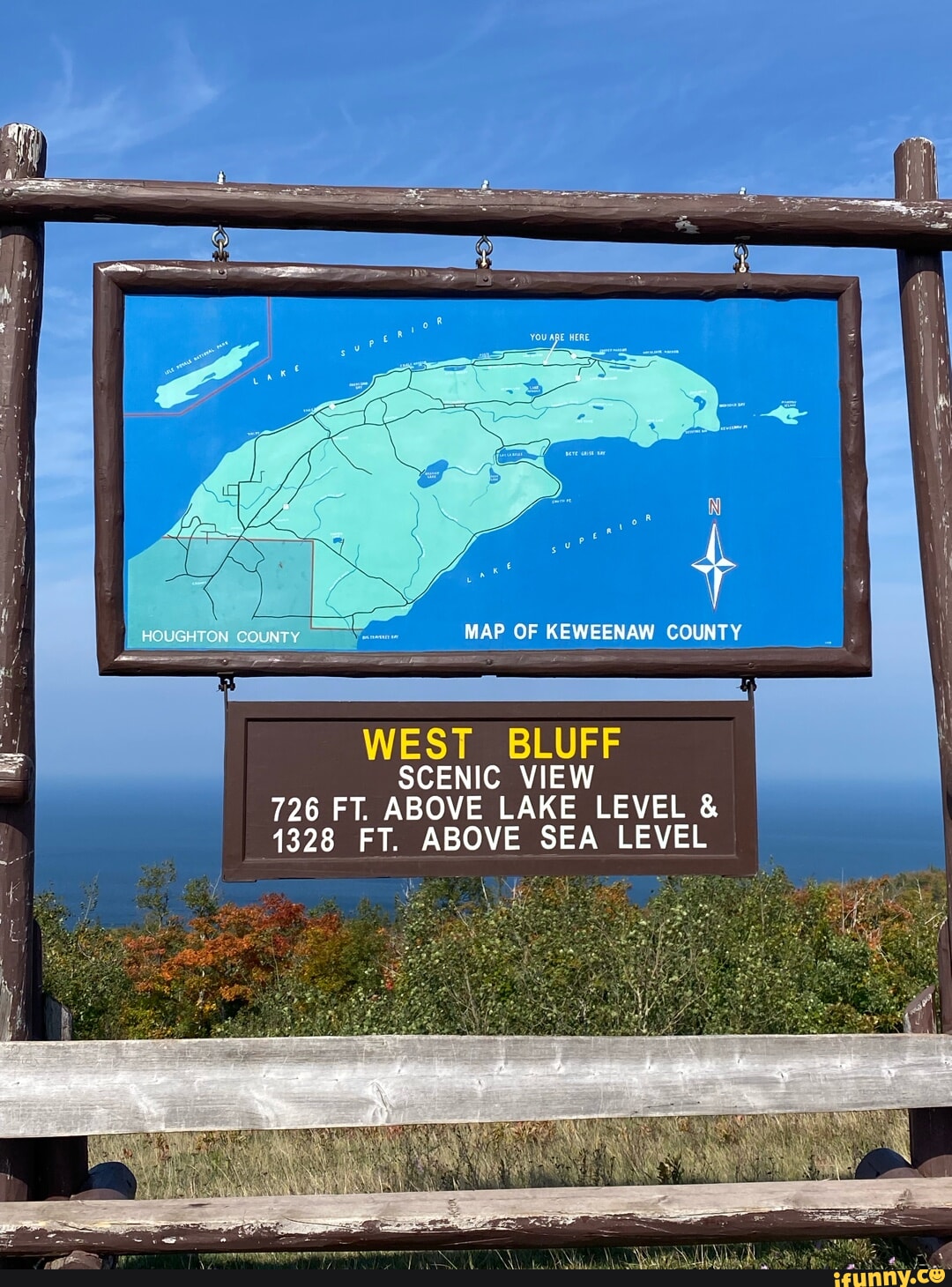 MAP OF KEWEENAW COUNTY WEST BLUFF SCENIC VIEW 726 FT. ABOVE LAKE LEVEL & 1328 FT. ABOVE SEA