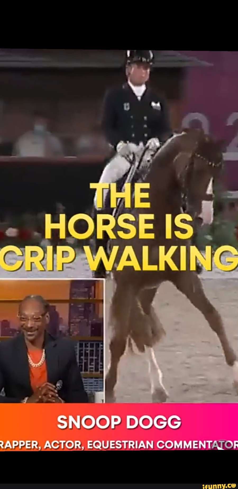MORSE CRIP WALKING SNOOP DOGG RAPPER. ACTOR, EQUESTRIAN COMMENTATOR