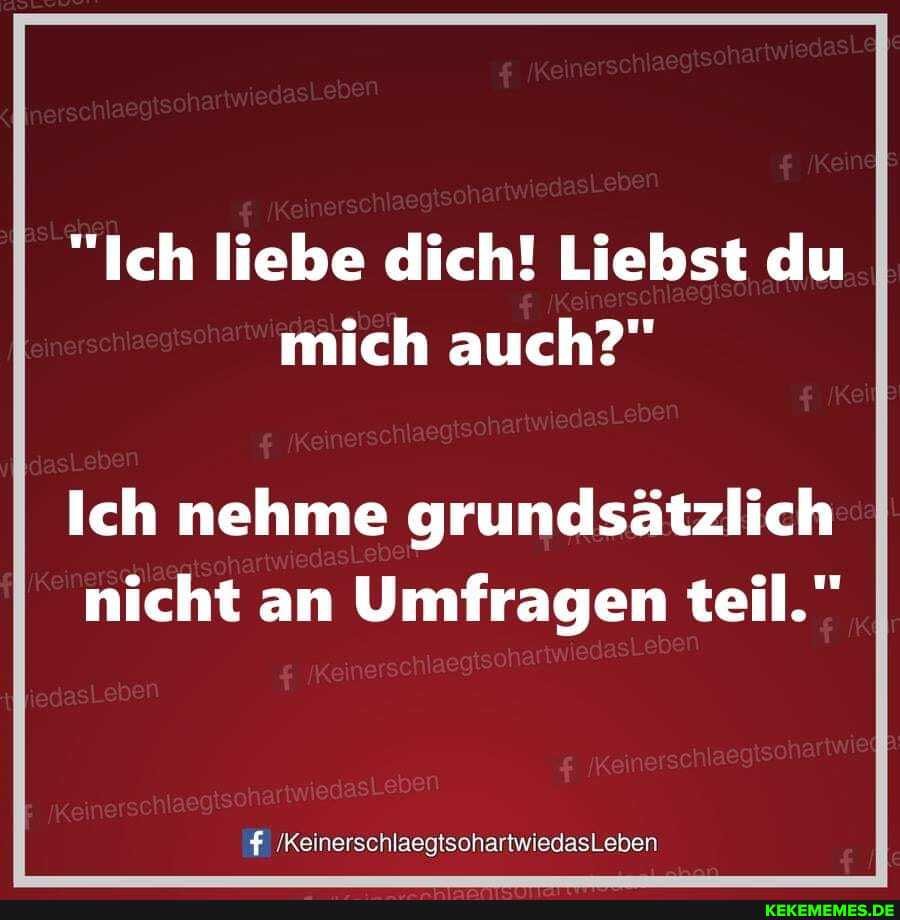"Ich liebe dich! Liebst du mich auch?"
Ich nehme grundsätzlich nicht an Umfragen teil."
f /KeinerschlaegtsohartwiedasLeben