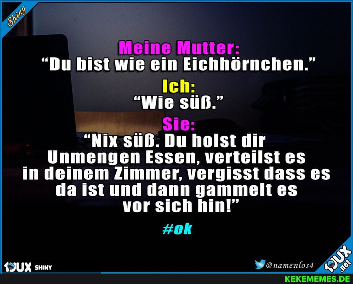 Mutter:
eine
"Du bist wie ein Eichhörnchen."
"Wie süß."
Sie:
"Nix süß. Du holst dir
Unmengen Essen, verteilst es in deinem Zimmer, vergisst dass es da ist und dann gammelt es vor sich hin!"