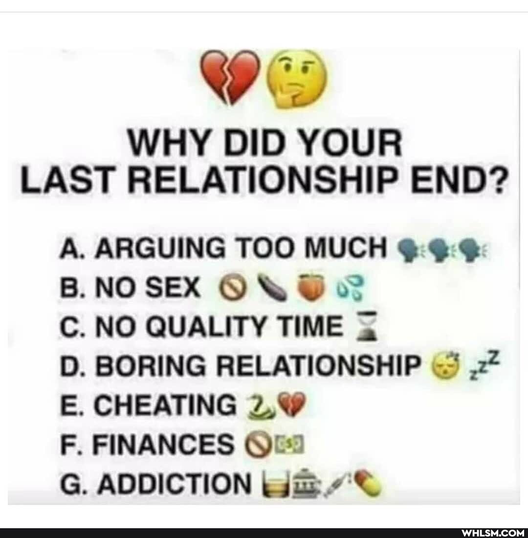 WHY DID YOUR LAST RELATIONSHIP END?
A. ARGUING TOO MUCH NO SEX QR
C. NO QUALITY TIME
D. BORING RELATIONSHIP .2*
E. CHEATING
F. FINANCES
G. ADDICTION wae