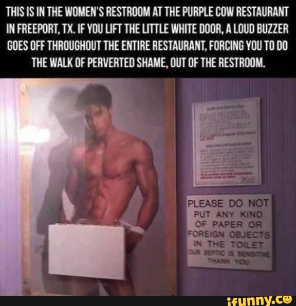 THIS IS IN THE WOMEN'S RESTROOM AT THE PURPLE COW RESTAURANT
IN FREEPORT, TX. IF YOU LIFT THE LITTLE WHITE DOOR, A LOUD BUZZER
GOES OFF THROUGHOUT THE ENTIRE RESTAURANT, FORCING YOU TO DO
THE WALK OF PERVERTED SHAME, OUT OF THE RESTROOM.