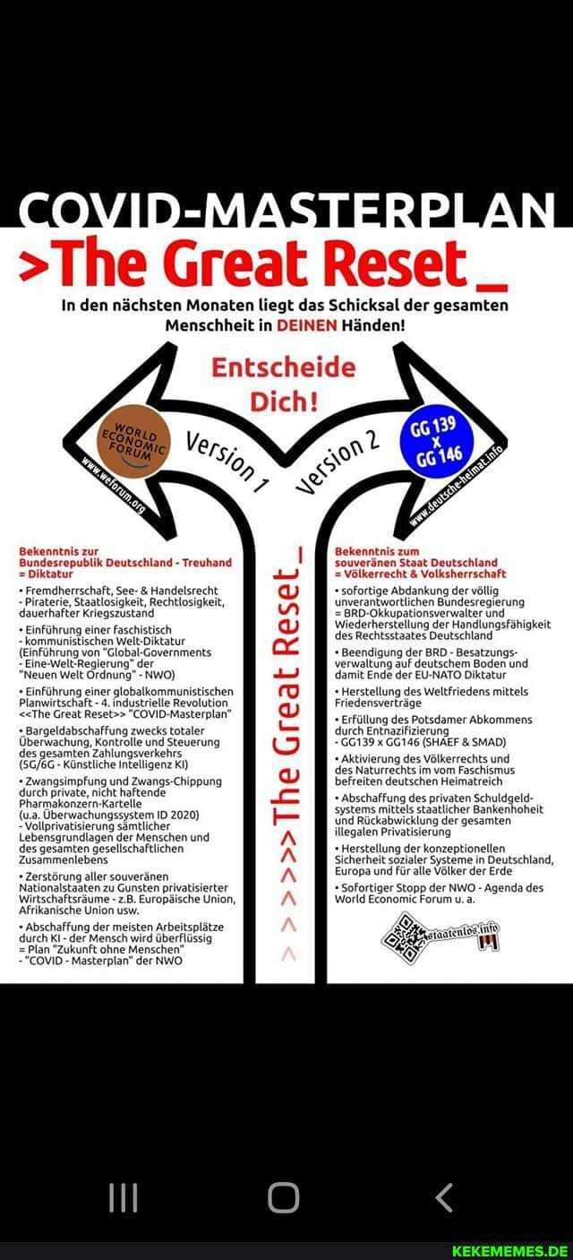 >The Great Reset _
In den nächsten Monaten liegt das Schicksal der gesamten
Menschheit in DEINEN Händen!
Entscheide
Bekenntnis zur
Bundesrepublik Deutschland - Treuhand
Diktatur
Fremdherrschaft, See- & Handelsrecht
Piraterie, Staatlosigkeit, Rechtlosigkeit, dauerhafter Kriegszustand
Einführung einer faschistisch
- kommunistischen Welt-Diktatur
(Einführung von "Global-Governments.
Eine-Welt-Regierung" der
'Neuen Welt Ordnung" - NWO)
Einführung einer globalkommunistischen
Planwirtschaft- <<The Great Einführung 4. industrielle Revolution
<<The Great Reset>> "COVID-Masterplan"
Bargeldabschaffung zwecks totaler
Überwachung, Kontrolle und Steuerung des gesamten Zahlungsverkehrs.
- Künstliche Intelligenz Ki)
Zwangsimpfung durch private, und Zwangs-Chippun: durch prwate, nicht haftende
Pharmakonzern-Kartelle
Überwachungssystem Vollprivatisierung ID 2020)
Vollprivatisierung sömtlicher
Lebensgrundlagen der Menschen und des gesamten gesellschaftlichen
Zusammenlebens
Zerstörung aller souveränen
Nationalstaaten zu Gunsten privatisierter
Wirtschaftsräume - .B. Europäische Union,
Afrikanische Union usw.
Abschaffung der meisten Arbeitsplätze
durch Plan -der Mensch wird überflüssig lan "Zukunft ohne Menschen" der
FF
Bekenntnis zum souveränen Staat Deutschland
= Völkerrecht & Volksherrschaft
sofortige Abdankung unverantwortlichen der völlig unverantwortlichen Bundesregierung
= BRD-Okkupationsverwalter und wiederherstellung der Handlungsfähigkeit des Rechtsstaates Deutschland
Beendigung verwaltung der BRD - Besatzungs- Boden und verwaltung damit auf Ende deutschem EU-NATO Boden Diktatur und damit Ende der EU-NATO Diktatur
Herstellung des Weltfriedens mittels
Friedensverträge
Erfüllung durch des Potsdamer Abkommens durch Entnazifizierung
66139 GG146 (SHÄEF & SMAD)
Aktivierung des des Völkerrechts im vom und
des Naturrechts im vom Faschismus befreiten deutschen Heimatreich
Abschaffung des privaten Schuldgeld- systems mittels staatlicher Bankenhoheit und Rückabwicklung der gesamten illegalen Privatisierung
.Herstellung der konzeptionellen
Sicherheit sozialer Systeme in der Deutschland, Erde
Europa und für alle Völker der Erde
Sofortiger Stopp der NWO - Agenda des.
World Economic Forum u.a.