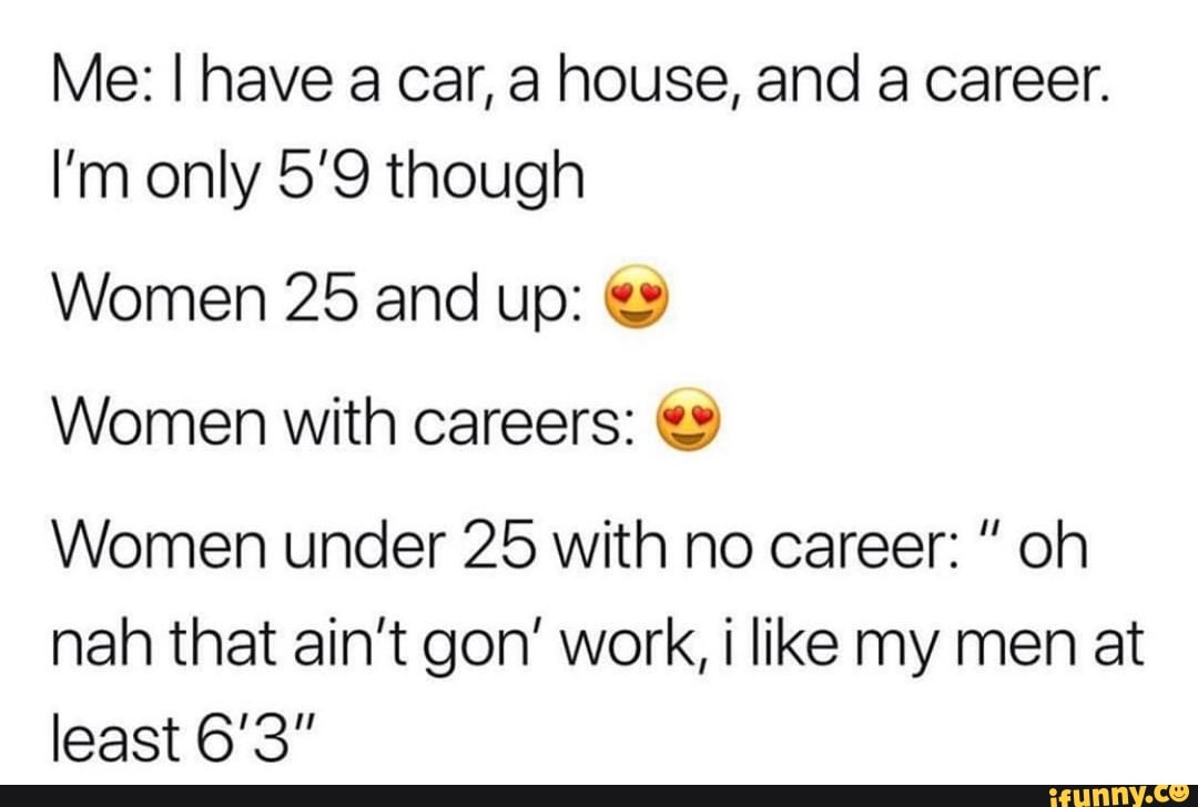 Me: I have a car, a house, and a career.
I'm only 5'9 though
Women 25 and up: y
Women with careers: 45
Women under 25 with no career: oh
nah that ain't gon' work, i like my men at
least 6'3"
