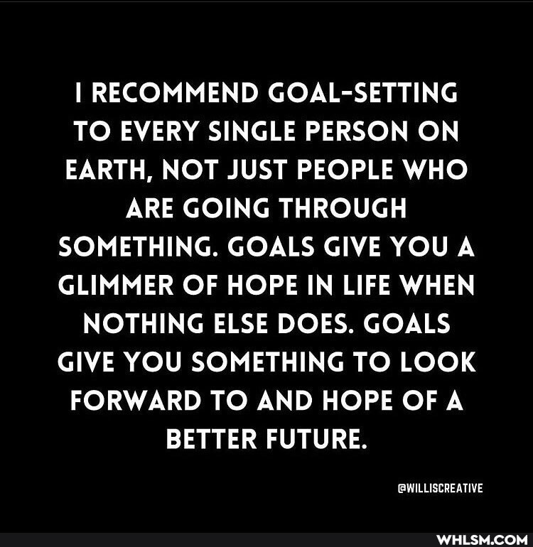 I RECOMMEND GOAL-SETTING TO EVERY SINGLE PERSON ON EARTH, NOT JUST PEOPLE WHO ARE GOING THROUGH SOMETHING. GOALS GIVE YOU A GLIMMER OF HOPE IN LIFE WHEN NOTHING ELSE DOES. GOALS GIVE YOU SOMETHING TO LOOK FORWARD TO AND HOPE OF A BETTER FUTURE.
STINE STINE