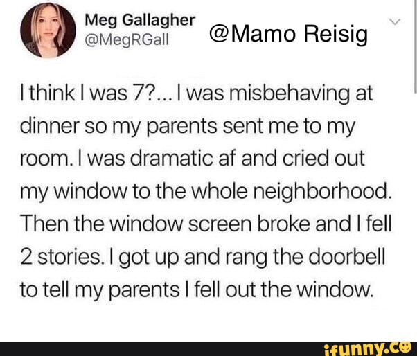 Window Screen Meg Gallagher @Mamo Reisig I think I was was misbehaving at dinner so my parents sent me to my room. I was dramatic af and cried out my window to the whole neighborhood. Then the window screen broke and I fell 2 stories. I got up and rang the doorbell to tell my parents I fell out the window.